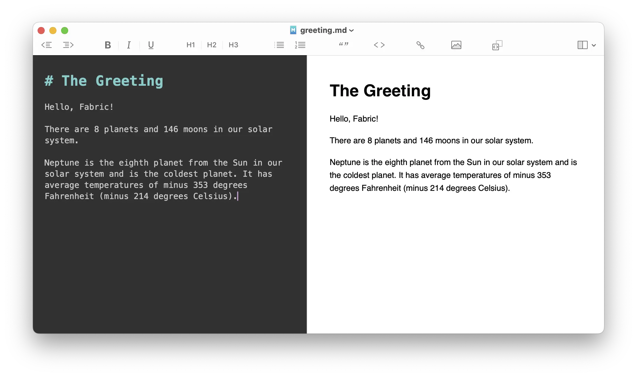 Rendered template in the MacDown Markdown editor